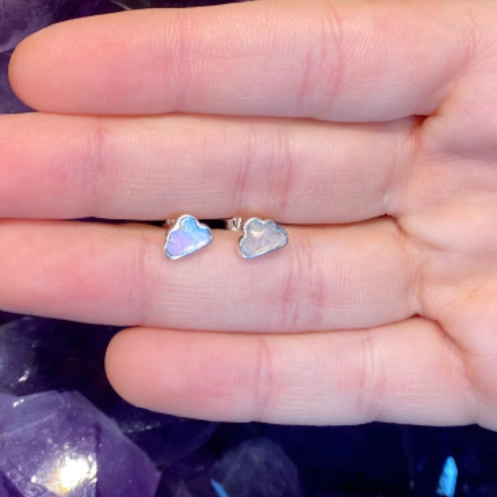 Rainbow Moonstone Cloud Stud Earrings, Flashy Stone, Sterling Silver, Healing